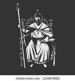 Russian tsar on the throne. King. Black and white vector object