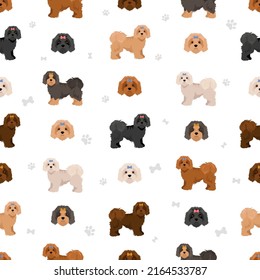 Russian tsvetnaja bolonka seamless pattern. Different poses, coat colors set.  Vector illustration