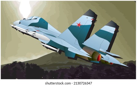 Russian twin engine jet fighter Sukhoi SU-30 "Flanker" illustration with militariy olive green Drab color mountain background.