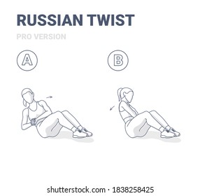 Russian Twists Female Home Workout Exercise Guide Illustration. Black and White Concept of Girl in Sportswear Doing Weight Loss and Abs Workout.