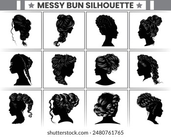 Russian Twists Messy Bun Silhouette Bundle Messy Bun Hair Illustration clipart Silhouette, For T-Shirt Design, Mug, Tote Bag, Etc.