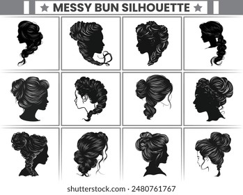 Russian Twists Messy Bun Silhouette Bundle Messy Bun Hair Illustration clipart Silhouette, For T-Shirt Design, Mug, Tote Bag, Etc.