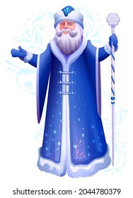 Russian or ukrainian santa claus grandfather frost in blue coat stand with ice staff. Vector cartoon illustration