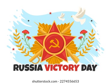 Día de la Victoria en Rusia el 9 de mayo Ilustración con estrella de la medalla del héroe y gran guerra patriótica con mano de caricatura plana dibujada para plantillas de páginas de aterrizaje