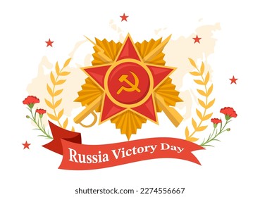 Día de la Victoria en Rusia el 9 de mayo Ilustración con estrella de la medalla del héroe y gran guerra patriótica con mano de caricatura plana dibujada para plantillas de páginas de aterrizaje