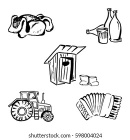 Russian village. Hand drawn icon set.