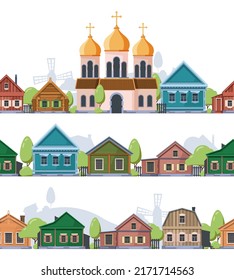 Russian village landscape. Rural old style wooden houses garish vector seamless background template