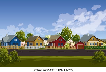 Russian village spring landscape. Russian village houses in traditional style. Blooming garden with fence.   Wooden houses near road vector illustration. Village street. Old huts. Farmhouses. 