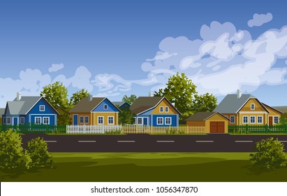 Russian village summer landscape. Russian village houses in traditional style. Garden with fence near road vector illustration. Village street. Old huts. Farmhouses.