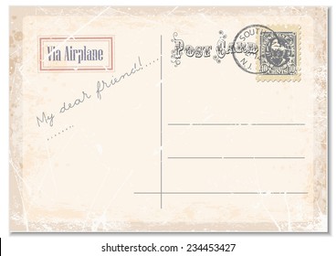 Russian vintage grunge postcard with a postage-stamp, stamp, scratches and stains.vector background