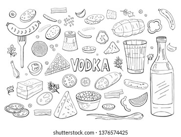 Russian vodka and diferent food elements black and white isolated on white. Hand drawn Vodka and snack collection.