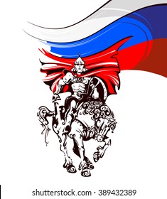 Russian warrior in armor on a horse on the background of the flag of Russia