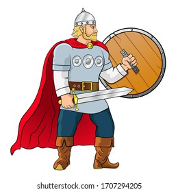 Russian warrior in chain mail holds a sword and a wooden shield