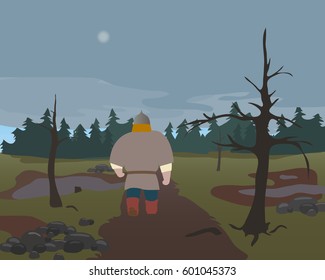 Russian warrior is walking along a swamp. A set of cartoon characters. Heroes of national legends. Characters of the Slavic epic. Thematic collection for design. Vector background EPS10