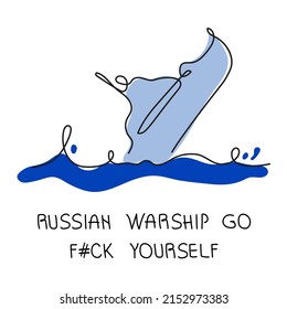 Russian warship go fXXX you! Snake Island. War in Ukraine! The vector illustration global politics, NO WAR, aggression problem picture in continuous line art style