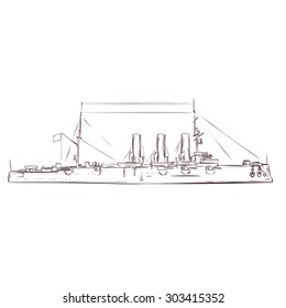 Russian warship since the World War 2. Hand drawn vector illustration.