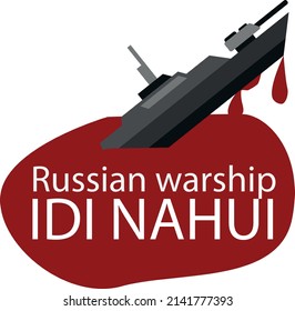 Russian warship is sinking in a sea of ​​blood. Vector illustration.