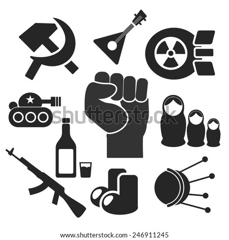 Russian web and mobile logo icons collection isolated on white back. Vector symbols of fist, felt boots, balalaika, satellite, sputnik, tank, hammer and sickle, nuke, vodka, matrioshka, ak