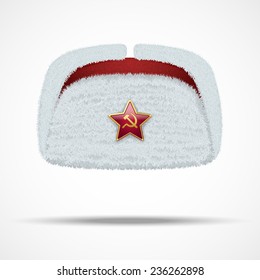 Russian white fur winter hat ushanka with red star. Vector illustration isolated on white background.