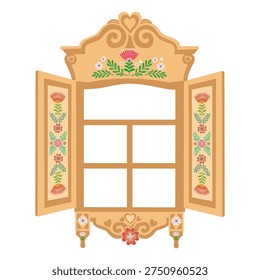 Russian window with shutters and patterns is drawn in flat style and highlighted on a white background. traditional Russian window, detail of a national Russian house. stock vector illustration.
