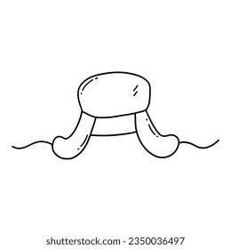 Sombrero caluroso de invierno ruso con grifos de tierra. El calor hecho de pieles o lana. Cultura tradicional rusa. Ilustración aislada de vector blanco y negro con dibujos a mano Icono de doodle o imagen de clip de tarjeta
