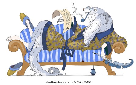 Russian wolfhound with paper, ink and feather writes poetry. Grey borzoi dog dressed in bathrobe and slippers lies on sofa. Detailed hand drawn colorful vector illustration on white background.