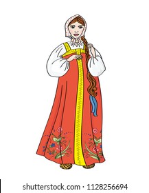 Russian Woman In Dotted Headscarf And Traditional Dress