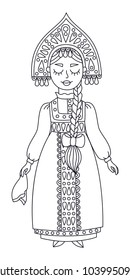 Russian woman female in traditional clothes doodle line vector illustration