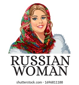 Russian woman in the national patterned scarf