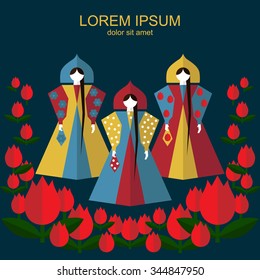 Russian woman in tradiitional costume. Vector flat illustration. For cards, invitations, backgrounds, arts and scrapbooks. 
