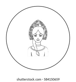 Russian woman in traditional suit icon in outline style isolated on white background. Russian country symbol stock vector illustration.