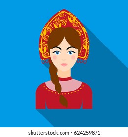 Russian woman in traditional suit icon in flat style isolated on blue background. Russian country symbol stock vector illustration.