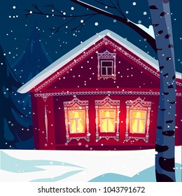 Russian wooden village house in winter, snowfall in the rural countryside vector illustration