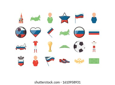 Russian world cup icon set design, Football soccer sport hobby competition game training equipment tournement and play theme Vector illustration