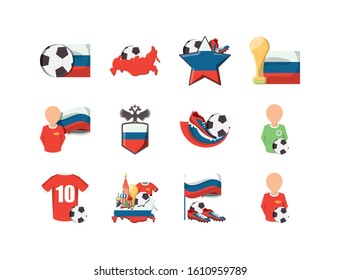 Russian world cup icon set design, Football soccer sport hobby competition game training equipment tournement and play theme Vector illustration