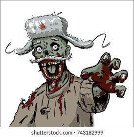 Russian zombie in hat and quilted jacket pulls his hand. Color illustration isolated on white background