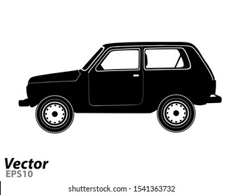 A Russian-made car in a vector on a white background.The logo of the car. Vector illustration of a Russian car.Russian jeep.