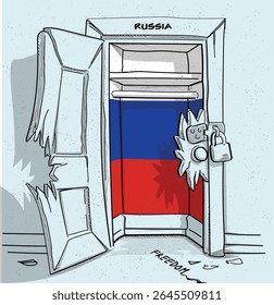 Russia's path to freedom. A political illustration of a broken but locked door with the national flag. A metaphor for struggle and hope.
