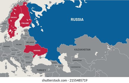 Russia,Ukraine, Finland and Sweden map on world map. The borders of Russia,Ukraine, Finland and Swedenare colored. It looks different from other countries. Representation of limits on the possibility 
