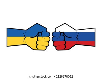 Russo Ukrainian War Raised Hand With Clenched Fist Vector. Russian Ukrainian Conflict Symbol. Raised Hand In Colors Of Ukraine Flag And Russian Flag Vector On A White Background