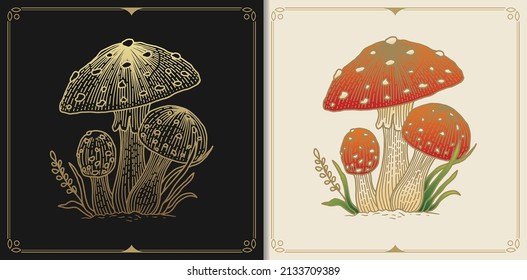 Russula aurea mushroom or fungus with engraving, hand drawn, luxury, celestial, esoteric, boho style, fit for spiritualist, religious, paranormal, tarot reader, astrologer or tattoo