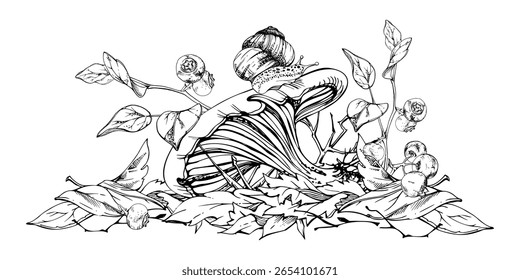 Russula cortinarius webcap cogumelo, caracol rastejando no chapéu, mirtilo amora rosnados em cima de outono caído folhas pilha. Piso da floresta. Fungos ilustração natural mão desenhada em tinta vetorial.