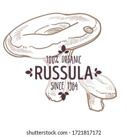 Russula mushroom, isolated Dixophyllum, organic food and ingredients label for products or menu of dishes. Monochrome sketch outline of emblem with inscription, Martellia delicacy, vector in flat