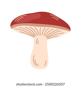 Russula mushroom. Red cap fungi, autumn forest food plant. Gilled fungus. Fall russule icon. Botanical flat graphic vector illustration isolated on white background