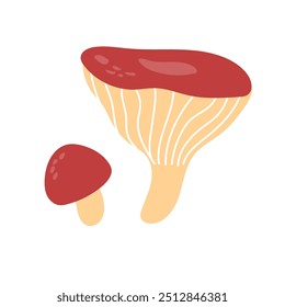 Russula-Pilz. Fungi mit roter Kappe, Herbstwaldfutterpflanze. Gekochter Pilz. Gemütliches Herbst-Russel-Symbol. Botanische flache grafische Vektorgrafik einzeln auf weißem Hintergrund