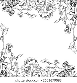 Russula webcap bolete escorregadio jack cogumelo, caracol no chapéu, amora de oxicoco no outono folhas pilha, bagas galhos. Mão de moldura de borda quadrada desenhada em tinta vetorial. Projeto de etiqueta de etiqueta de fungos para pavimentos florestais