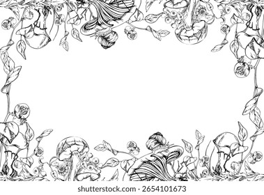 Russula webcap bolete slippery jack mushroom, snail on cap, cranberry blackberry on fallen autumn leaves pile, berries twigs. Forest floor fungi border frame hand drawn in vector ink. Label tag design
