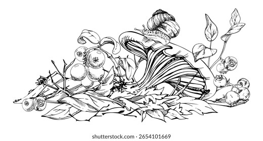 Russula webcap cortinarius cogumelo, caracol rastejando no chapéu, amora de oxicoco em cima de folhas de outono caídas pilha, bagas galhos. Piso da floresta. Fungos ilustração natural mão desenhada em tinta vetorial.
