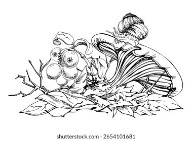 Russula webcap cortinarius cogumelo, caracol rastejando no gorro, oxicoco lingonberry bagas galhos em cima da pilha de folhas de outono caído. Piso da floresta. Fungos ilustração natural mão desenhada em tinta vetorial.