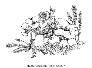 Russula webcap mushroom, snail on top, moss lichen growth, heather flowers. Nature illustration hand drawn in vector ink. Woodland floor habitat scene. Forest festival posters, educational printables